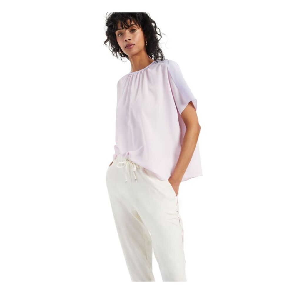 ALFANI Womens Pleated Short Sleeve Jewel Neck Top